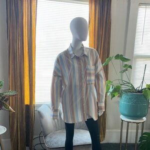 BDG Striped Button-Down Shirt in Blue, Tan and Cream